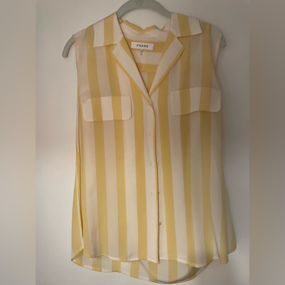 Frame Denim Silk Sleeveless Button Down Yellow and White Striped Small